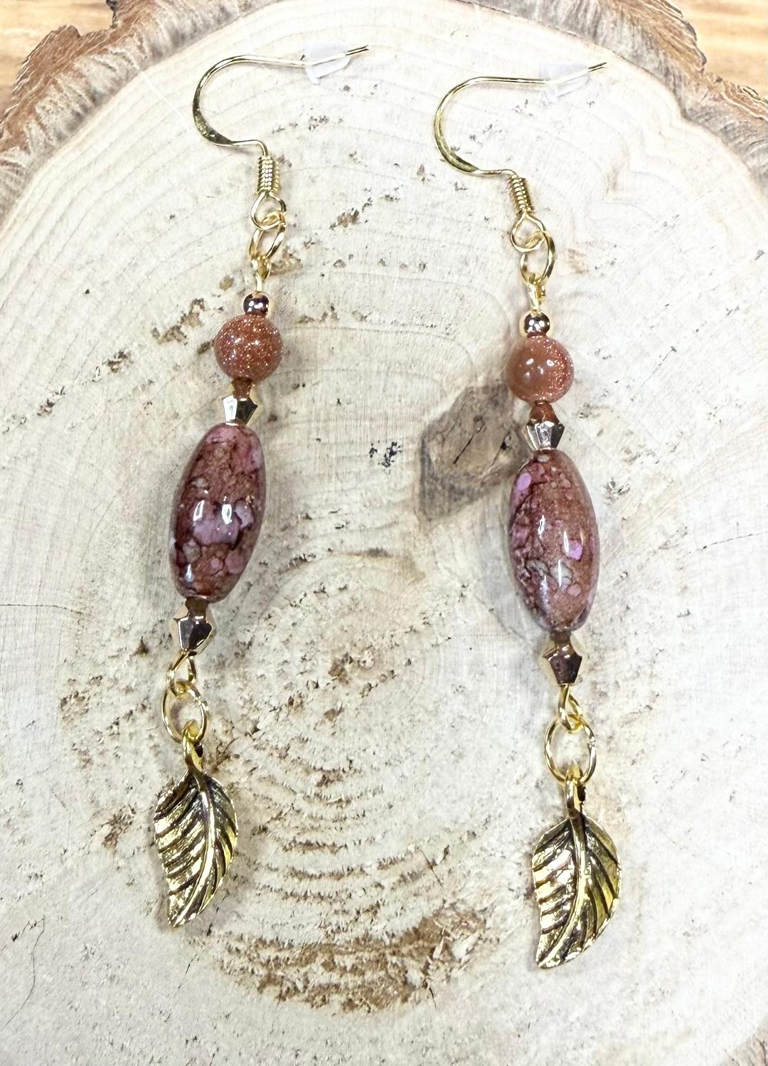NEW Bandhani Style Painted Brown & Pink Oval Charm Earring w/ Glitter Glass Beads