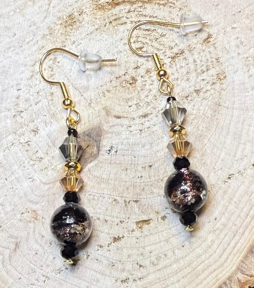 NEW Round Black & Sparkling Gold Glass Bead Earrings w/ Faceted Beads