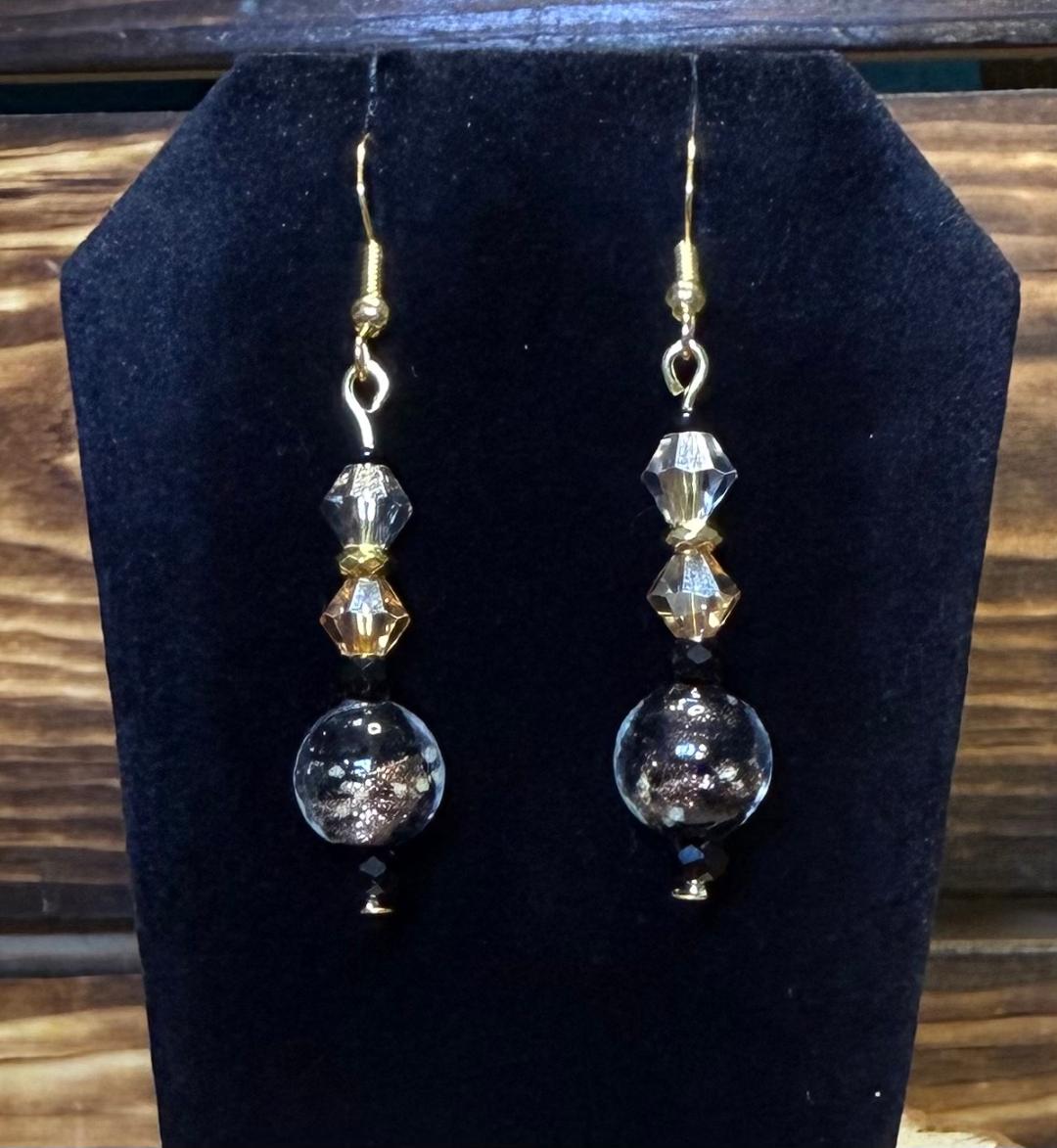 NEW Round Black & Sparkling Gold Glass Bead Earrings w/ Faceted Beads