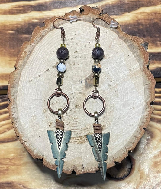 NEW Gold Arrowhead Earrings w/ Granite & Lava Stone Beads