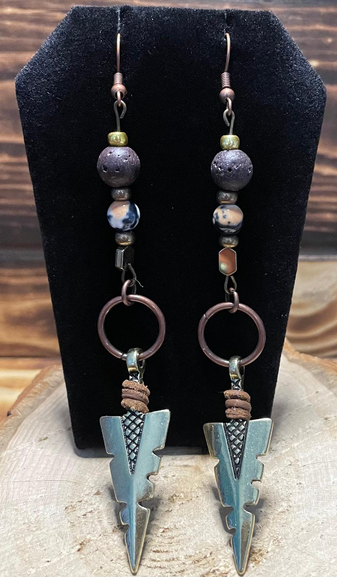 NEW Gold Arrowhead Earrings w/ Granite & Lava Stone Beads