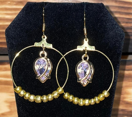 NEW Romantic Gold Tone Beaded Hoop Earrings w/ Tulip & Rhinestone
