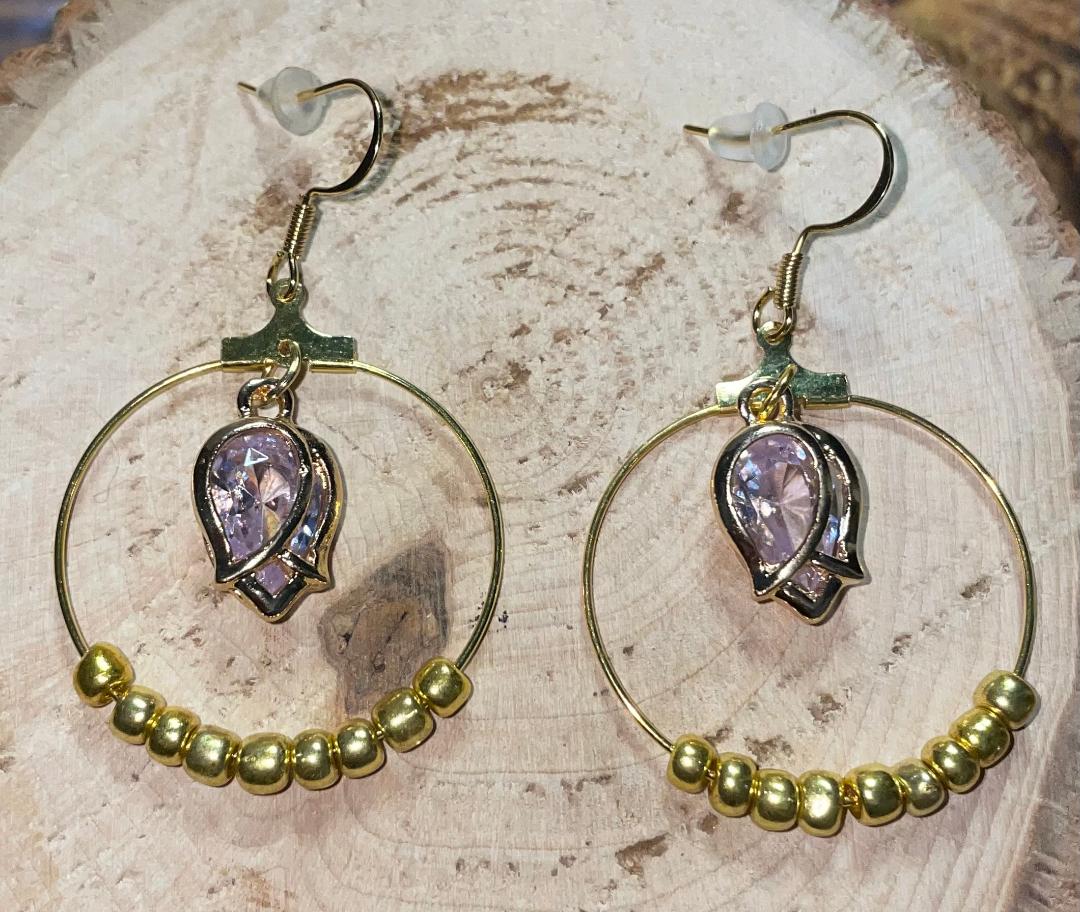 NEW Romantic Gold Tone Beaded Hoop Earrings w/ Tulip & Rhinestone