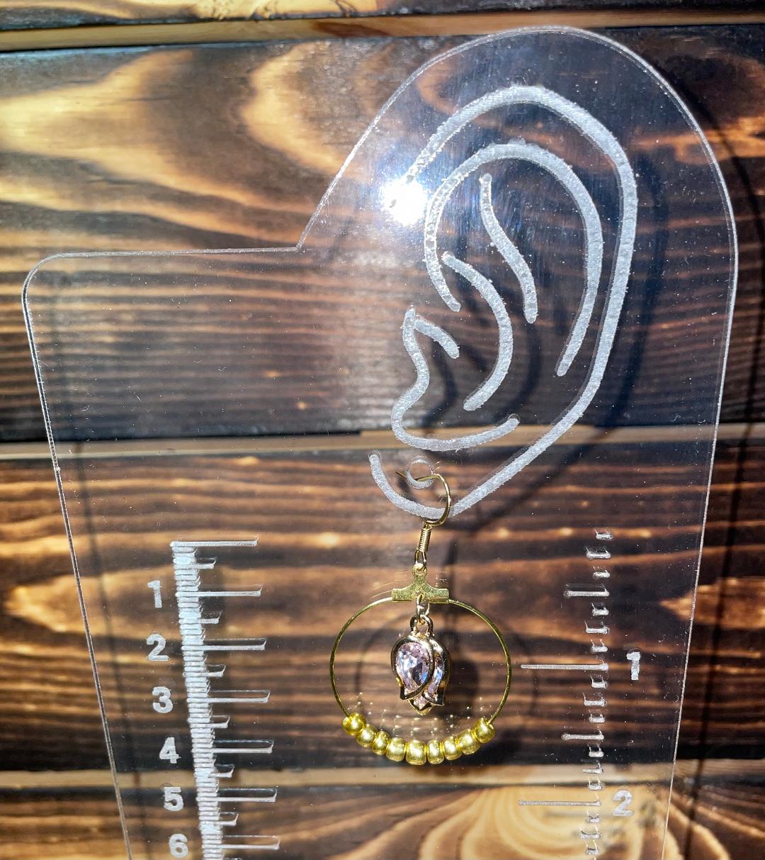 NEW Romantic Gold Tone Beaded Hoop Earrings w/ Tulip & Rhinestone