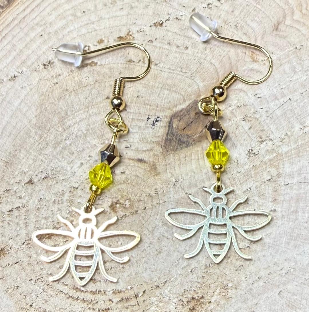 NEW Gold Stainless Steel Hollow Bee Charm Earrings w/ Yellow Glass Bead