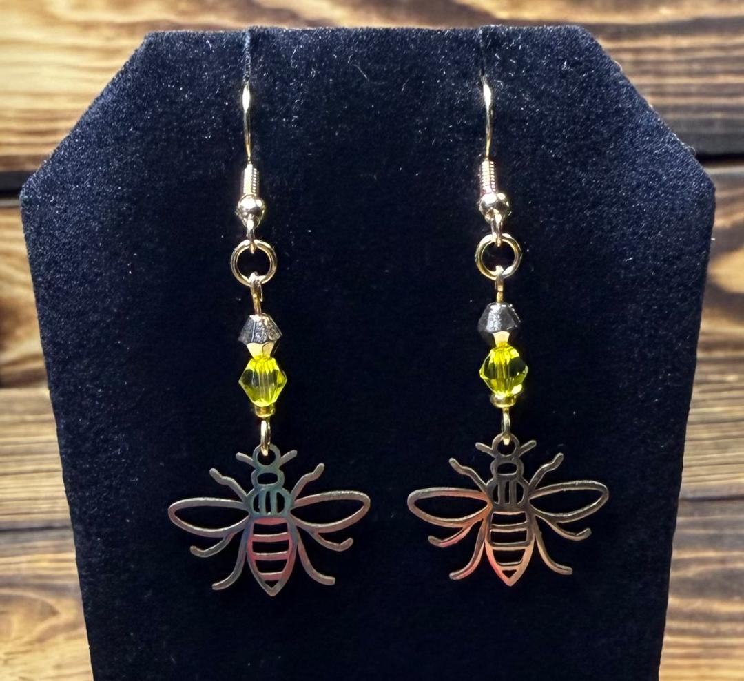 NEW Gold Stainless Steel Hollow Bee Charm Earrings w/ Yellow Glass Bead