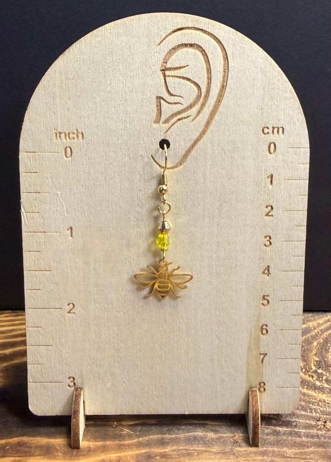 NEW Gold Stainless Steel Hollow Bee Charm Earrings w/ Yellow Glass Bead