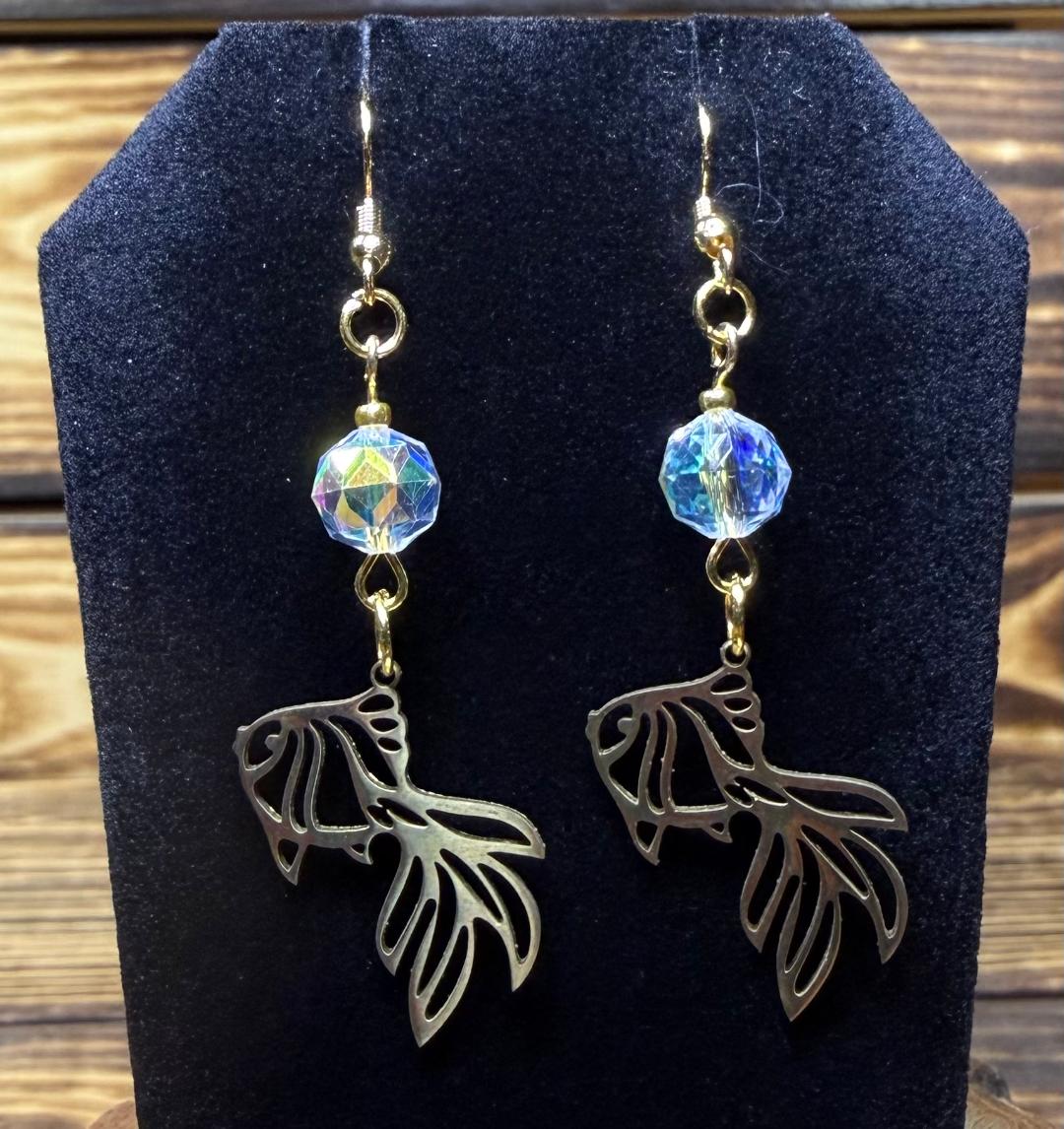 NEW Hollow Gold Stainless Steel Beta Fish Earrings w/ Glass Beads