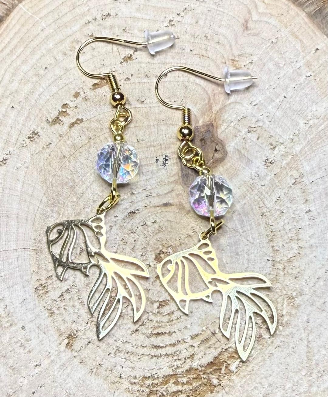 NEW Hollow Gold Stainless Steel Beta Fish Earrings w/ Glass Beads