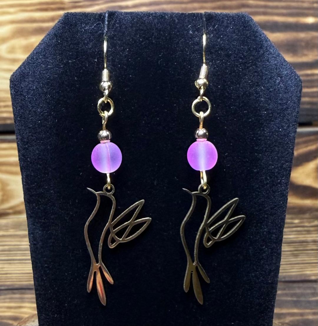 NEW Hollow Gold Stainless Steel Bird in Flight Earrings w/ Pink Bead