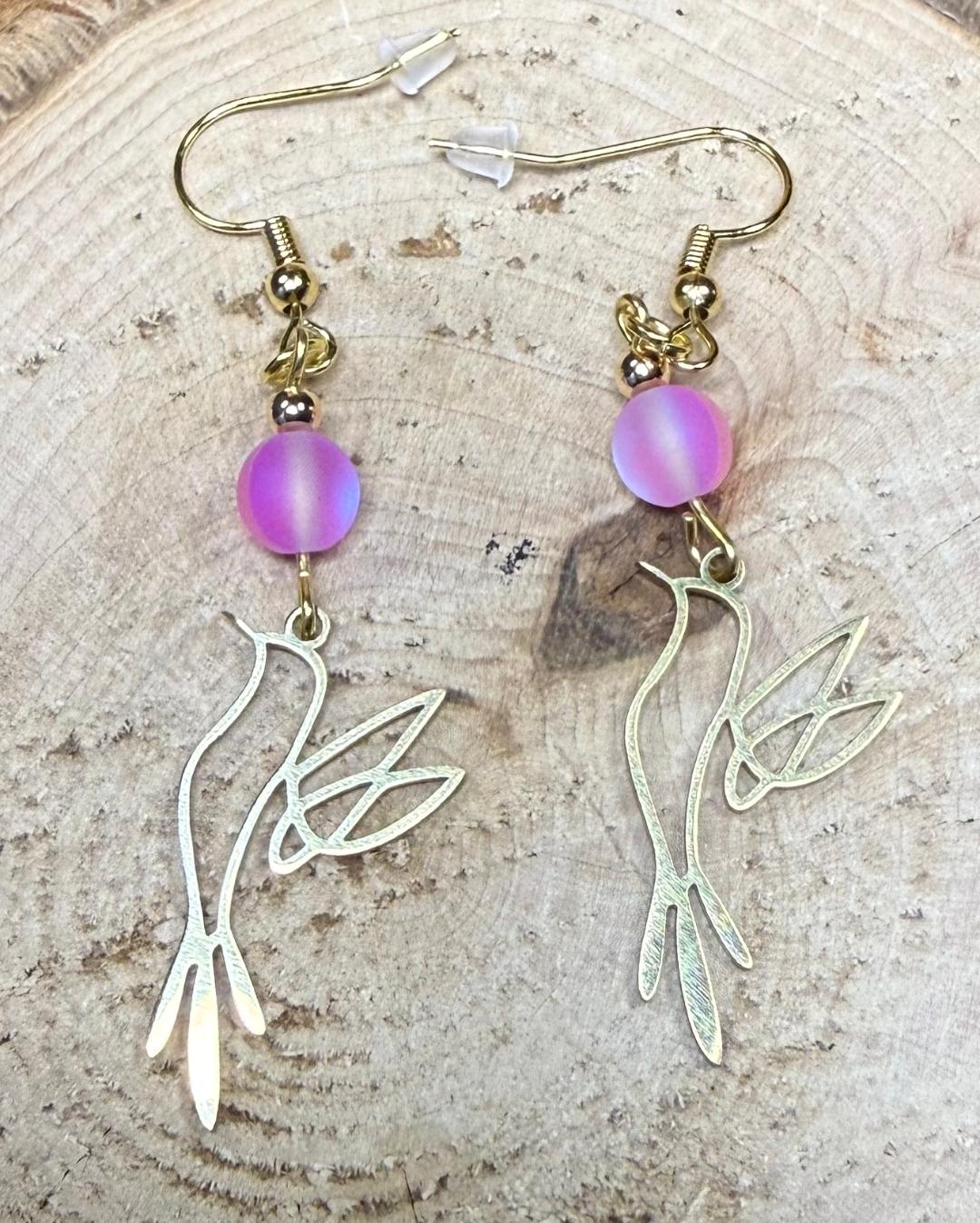 NEW Hollow Gold Stainless Steel Bird in Flight Earrings w/ Pink Bead