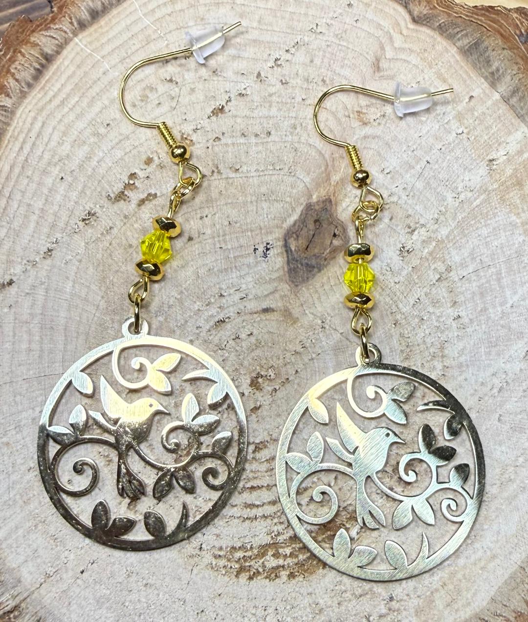 NEW Bird & Vine Themed Gold Stainless Steel Earrings w/ Yellow Glass Beads