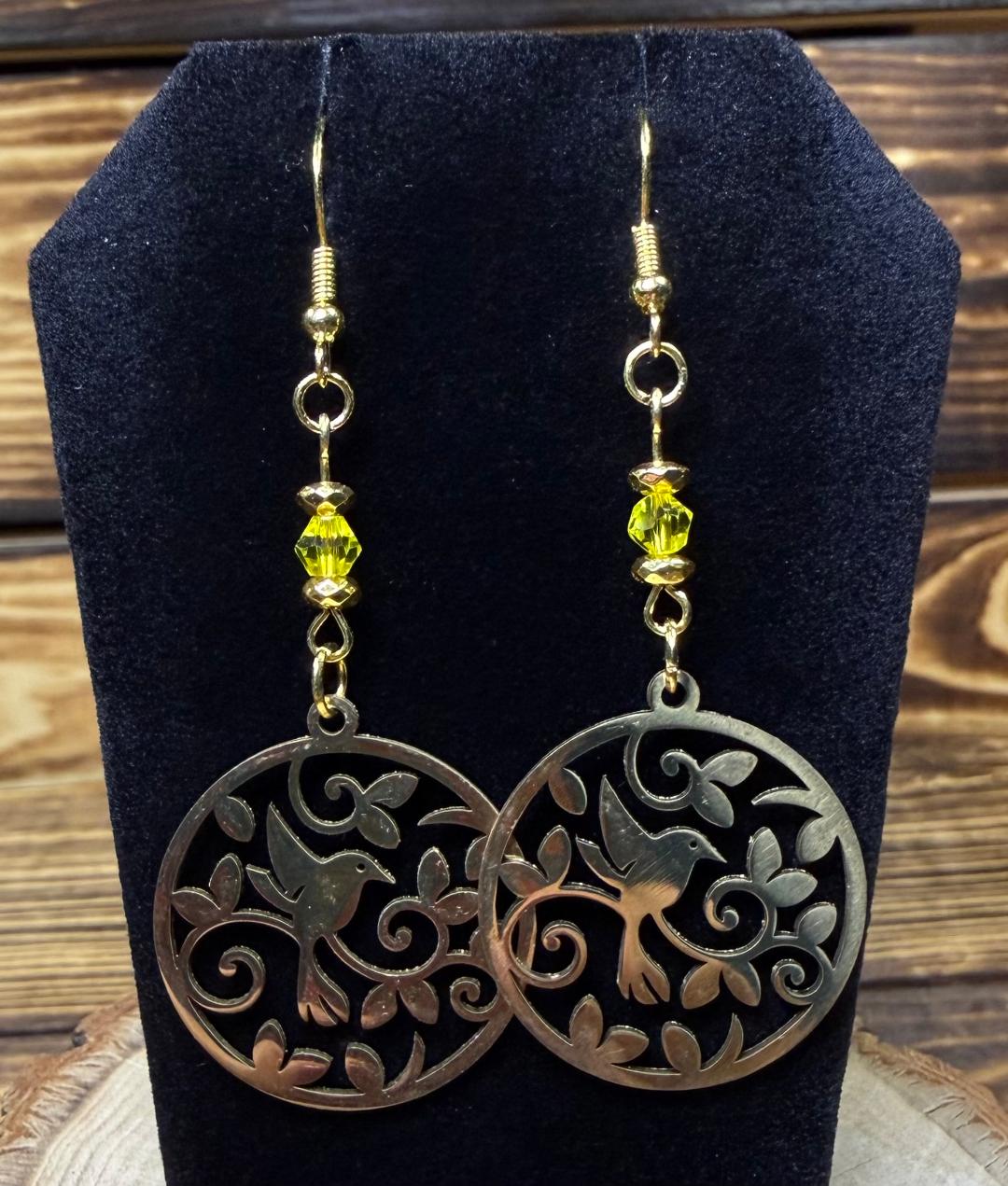 NEW Bird & Vine Themed Gold Stainless Steel Earrings w/ Yellow Glass Beads