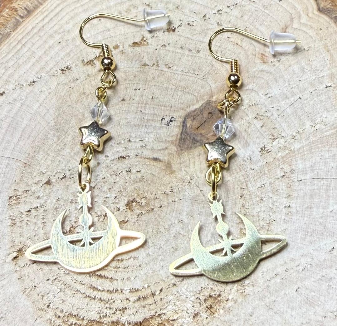 NEW Gold Stainless Steel Celestial Moon & Stars Earrings w/ Glass & Star Beads