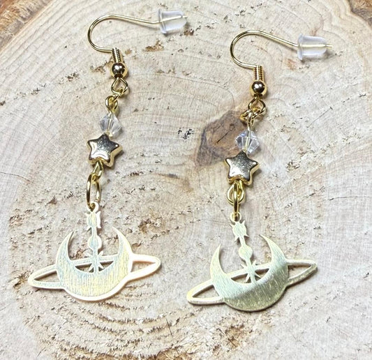 NEW Gold Stainless Steel Celestial Moon & Stars Earrings w/ Glass & Star Beads