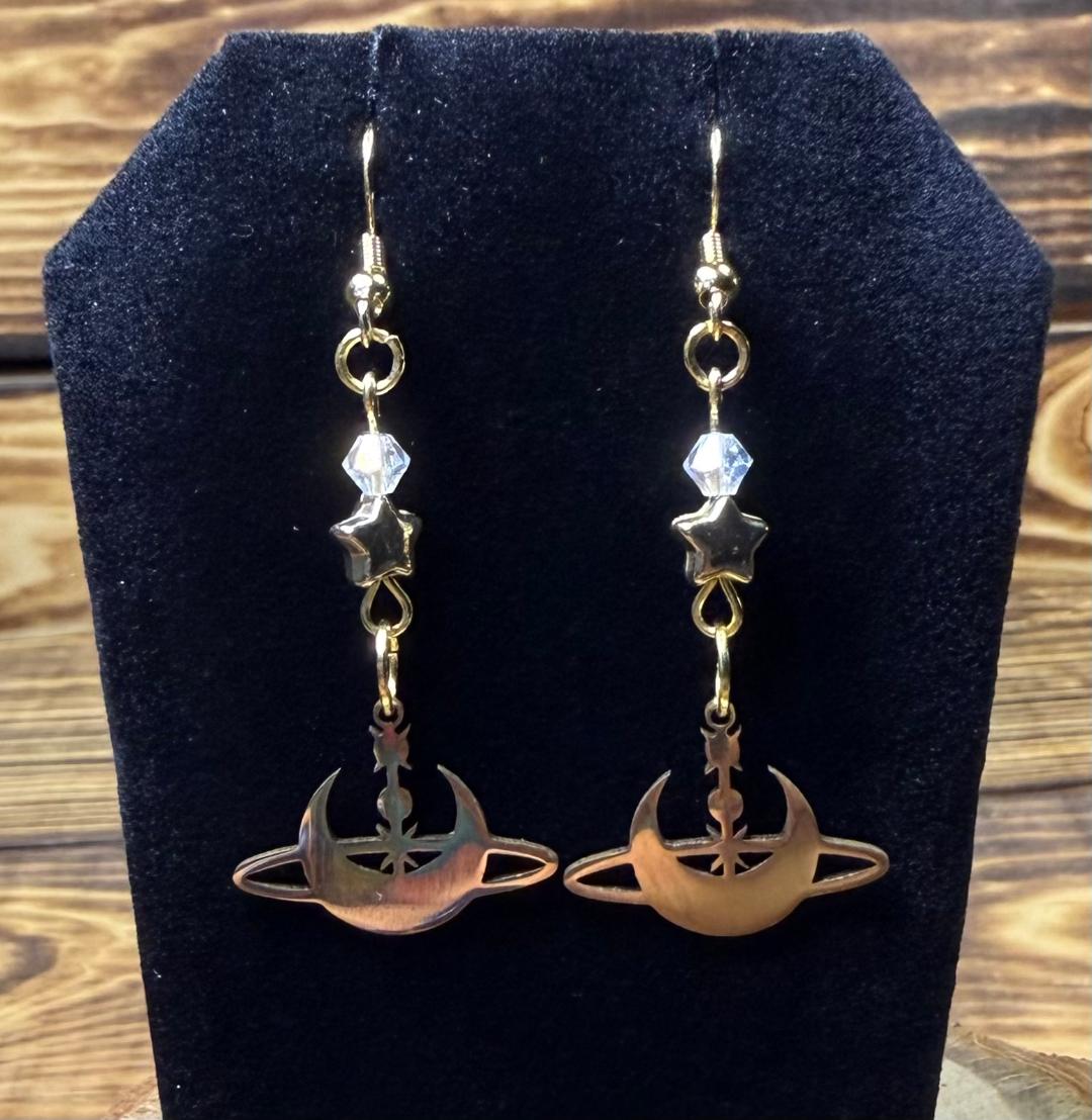 NEW Gold Stainless Steel Celestial Moon & Stars Earrings w/ Glass & Star Beads