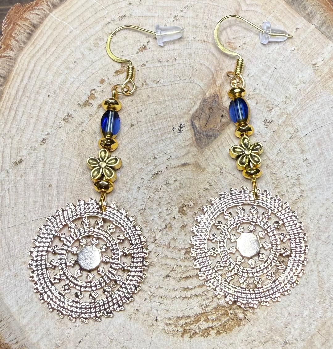 NEW Round Filigree Medallion Charm Earrings w/ Blue Glass & Flower Beads