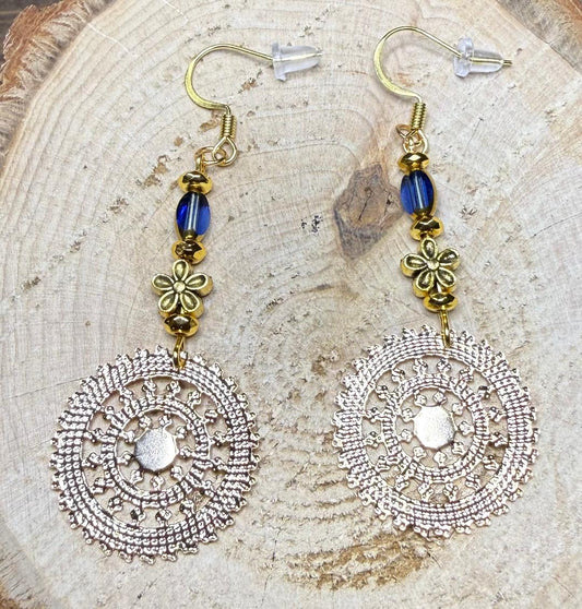 NEW Round Filigree Medallion Charm Earrings w/ Blue Glass & Flower Beads