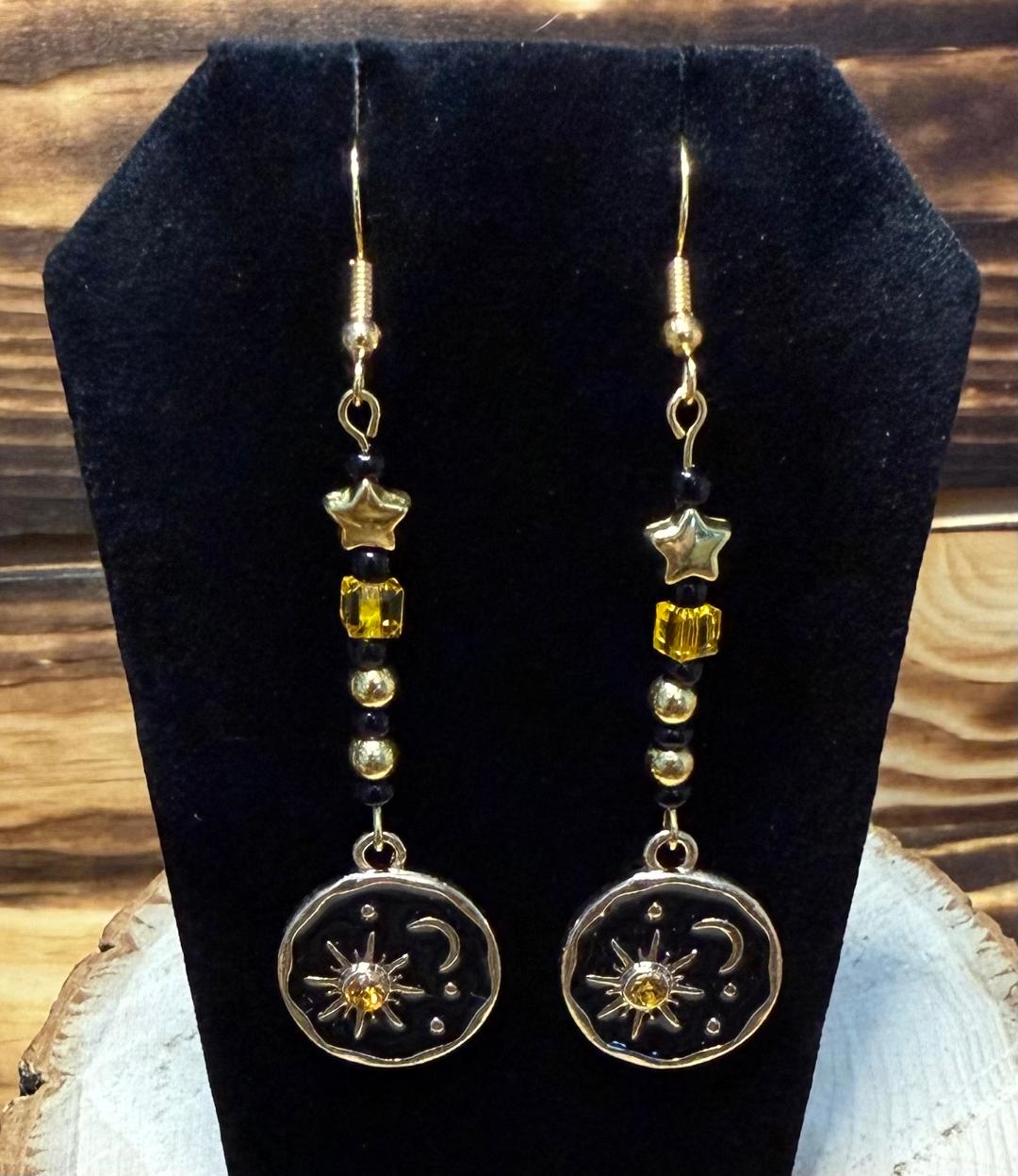 NEW Boho Sun & Moon Charm Earrings w/ Amber Glass Beads
