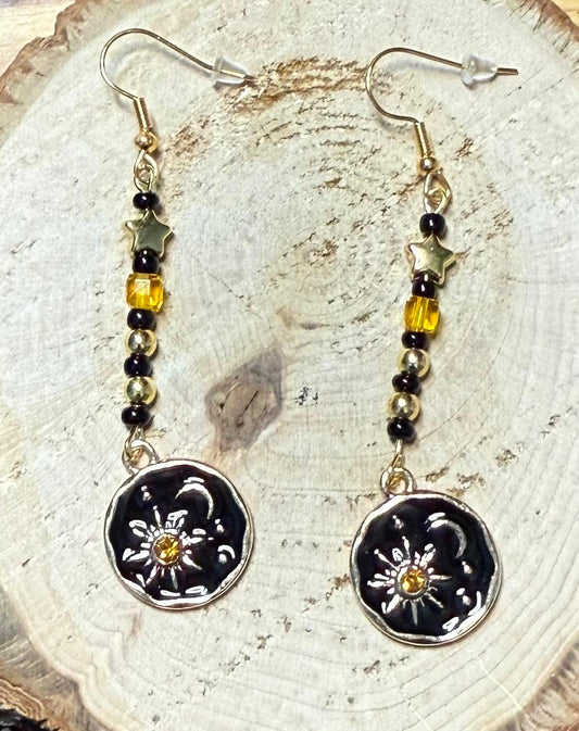 NEW Boho Sun & Moon Charm Earrings w/ Amber Glass Beads