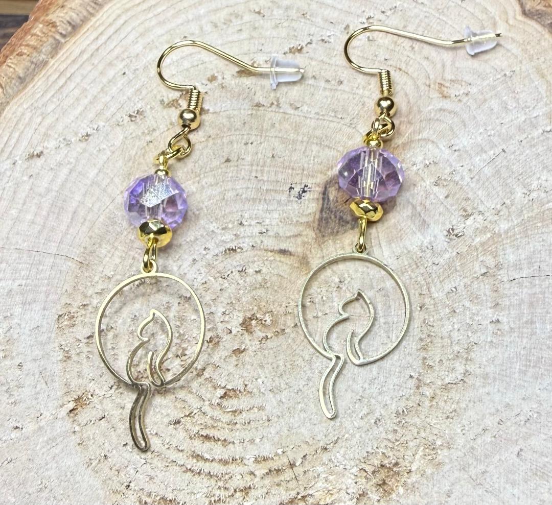 NEW Gold Dangling Tail Cat Earrings w/ Lavender Beads
