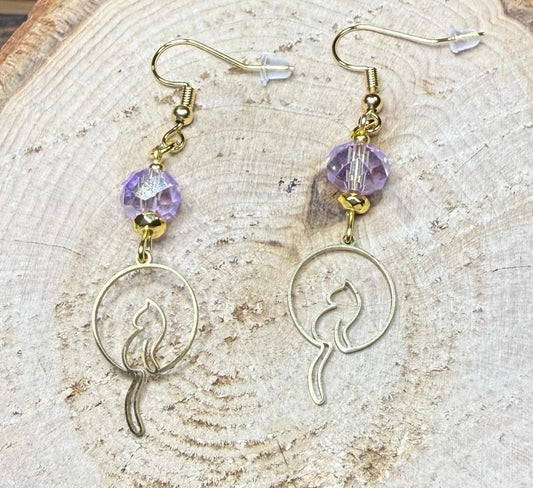 NEW Gold Dangling Tail Cat Earrings w/ Lavender Beads