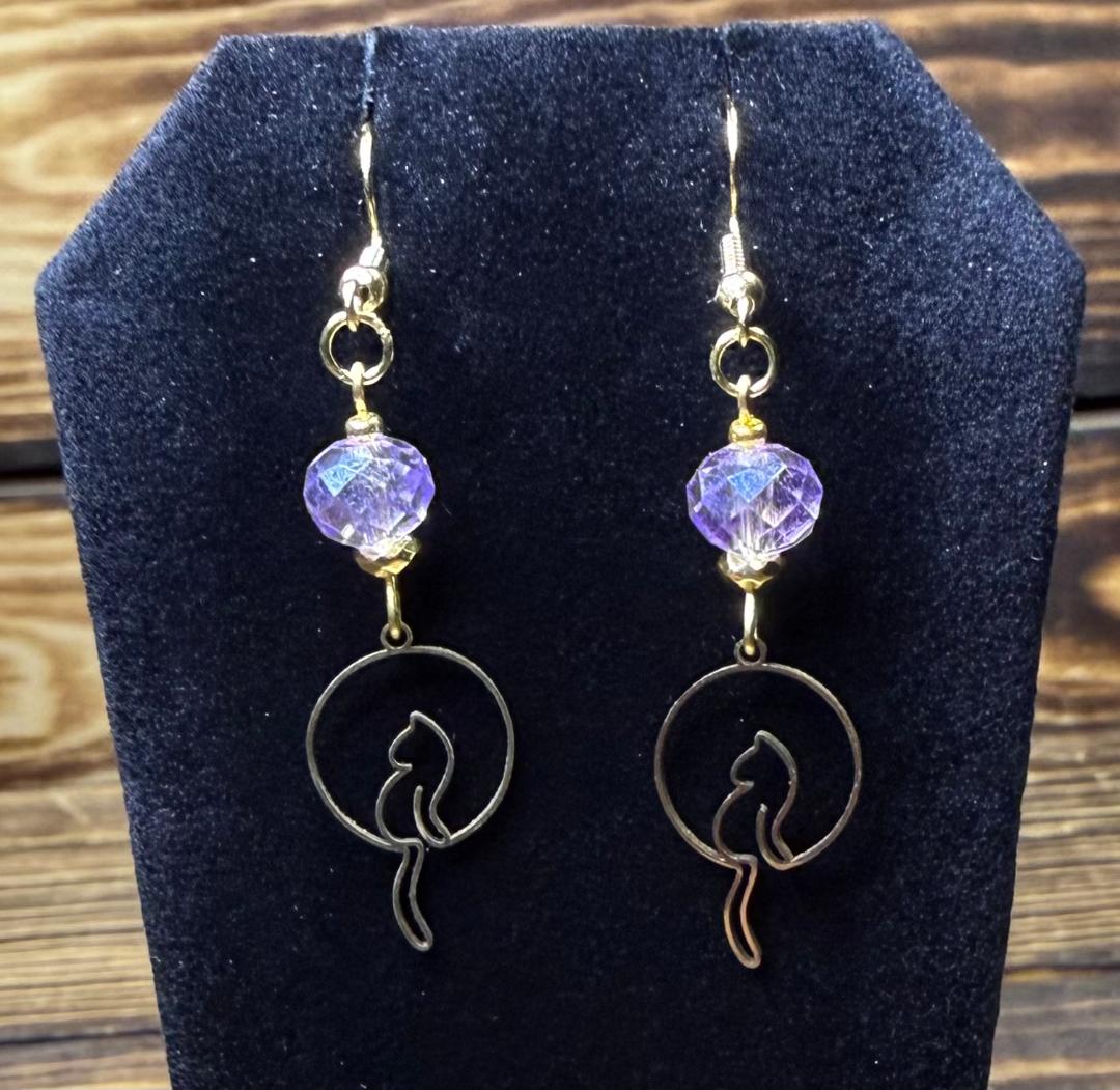 NEW Gold Dangling Tail Cat Earrings w/ Lavender Beads