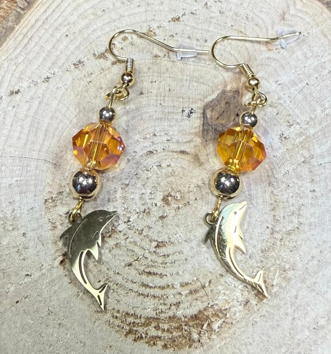 NEW Gold Stainless Steel Dolphin Charm Earrings w/ Glass Beads