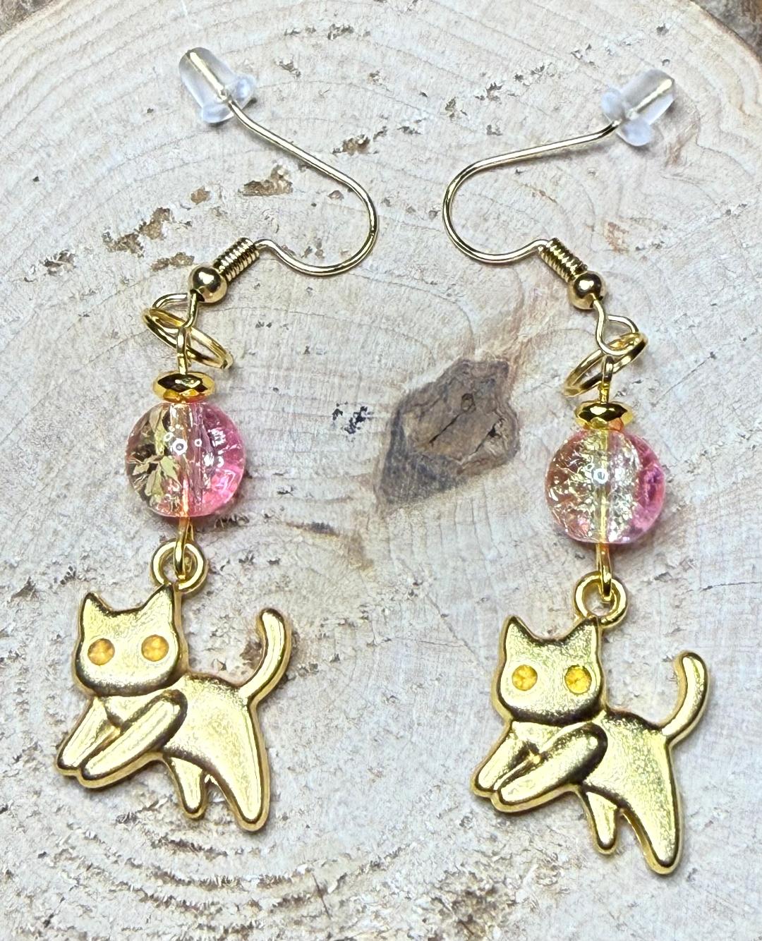 NEW Little Running Cat Kitty Earrings w/ Two Tone Pink Glass Crackle Beads
