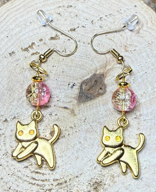 NEW Little Running Cat Kitty Earrings w/ Two Tone Pink Glass Crackle Beads