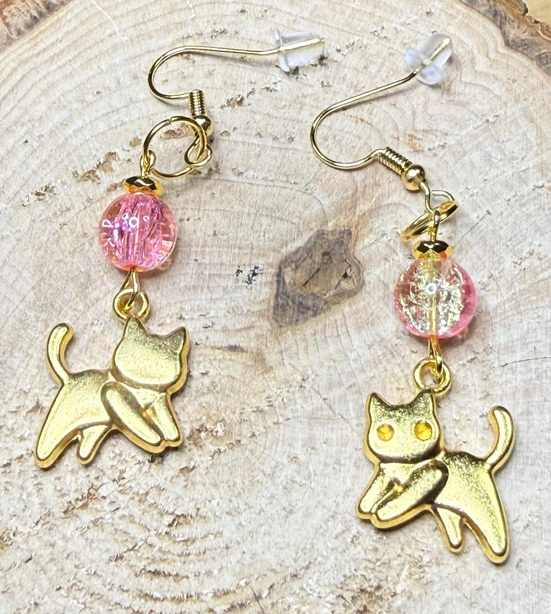NEW Little Running Cat Kitty Earrings w/ Two Tone Pink Glass Crackle Beads