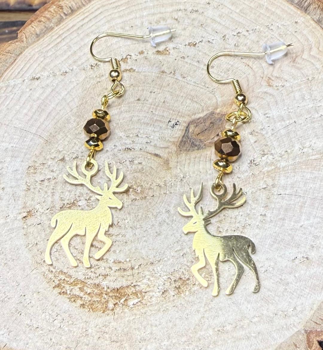 NEW Gold Elk Charm Stainless Steel Earrings w/ Brown Glass Faceted Beads