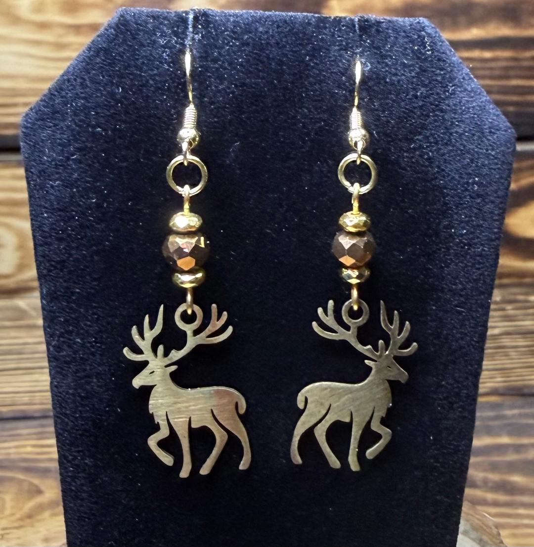 NEW Gold Elk Charm Stainless Steel Earrings w/ Brown Glass Faceted Beads