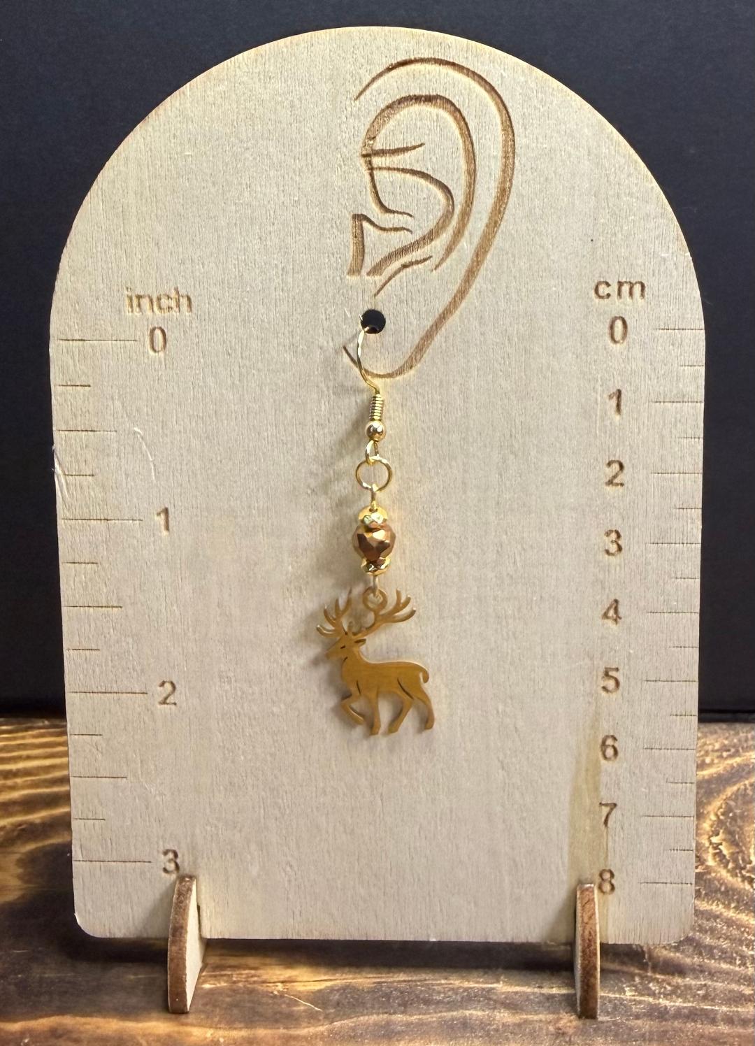 NEW Gold Elk Charm Stainless Steel Earrings w/ Brown Glass Faceted Beads