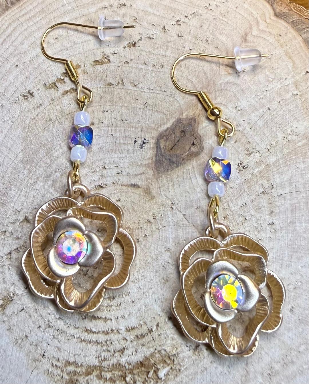 NEW Gold Rose Charm Earrings w/ Iridescent Rhinestones & Beads