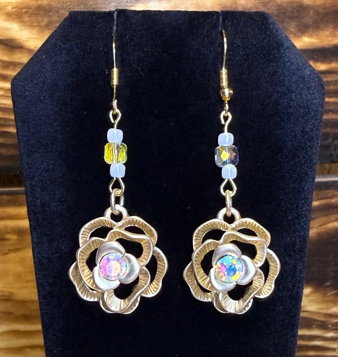 NEW Gold Rose Charm Earrings w/ Iridescent Rhinestones & Beads