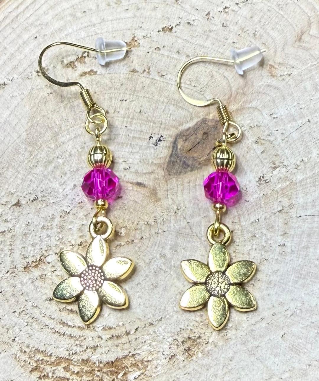 NEW Double Sided Gold Flower Charm Earrings w/ Hot Pink Glass Beads
