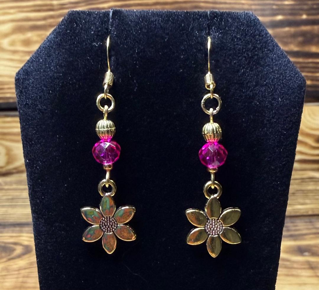 NEW Double Sided Gold Flower Charm Earrings w/ Hot Pink Glass Beads
