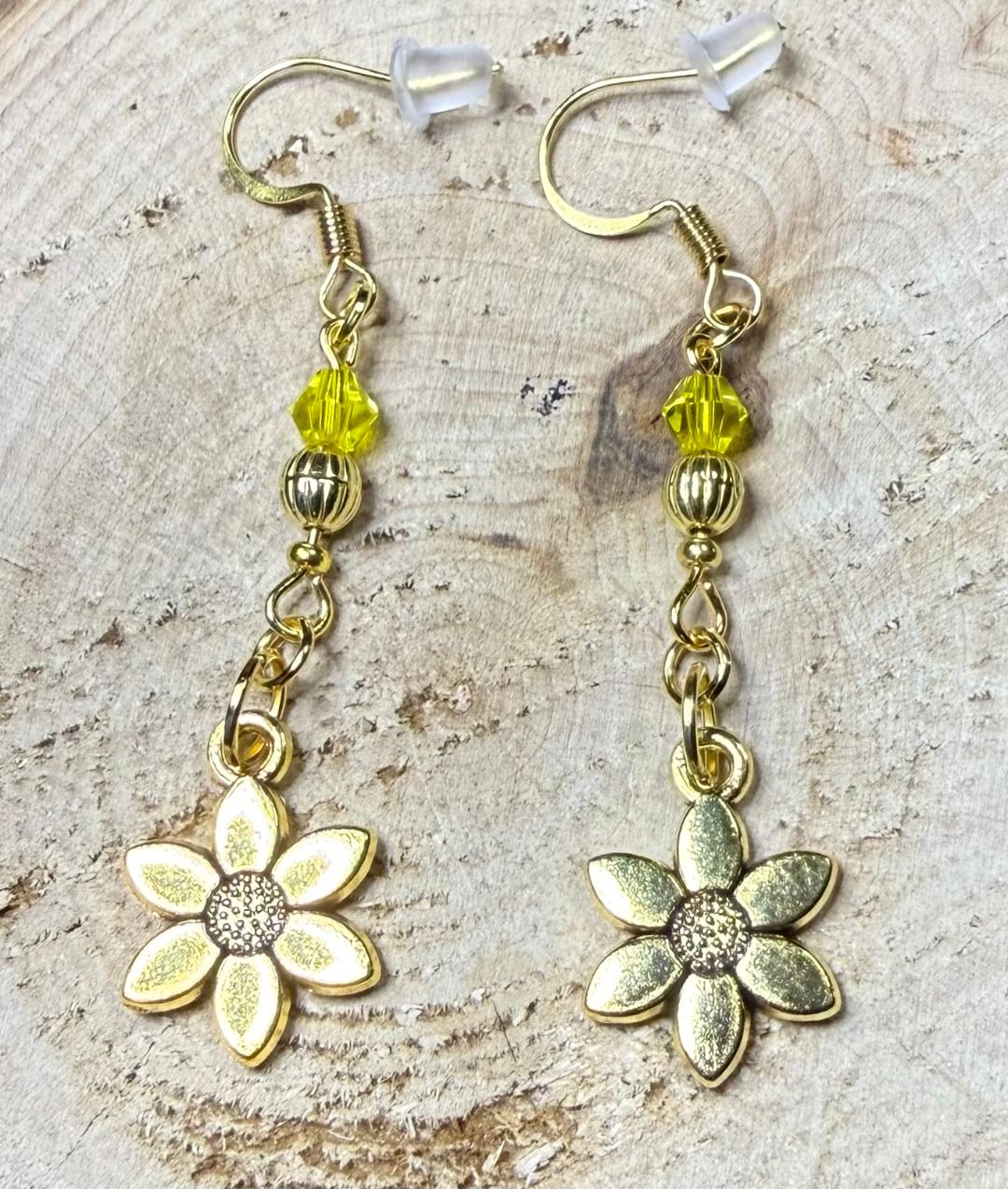 NEW Double Sided Gold Flower Charm Earrings w/ Yellow Glass Beads