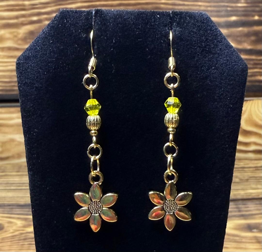 NEW Double Sided Gold Flower Charm Earrings w/ Yellow Glass Beads
