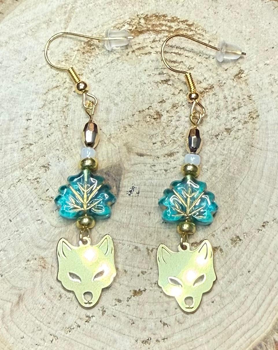 NEW Gold Wolf / Fox Earrings w/ Leaf Charm & Beads