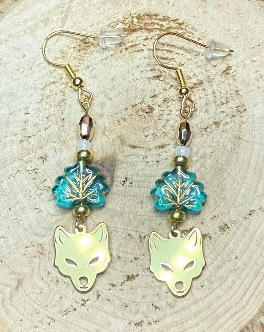 NEW Gold Wolf / Fox Earrings w/ Leaf Charm & Beads