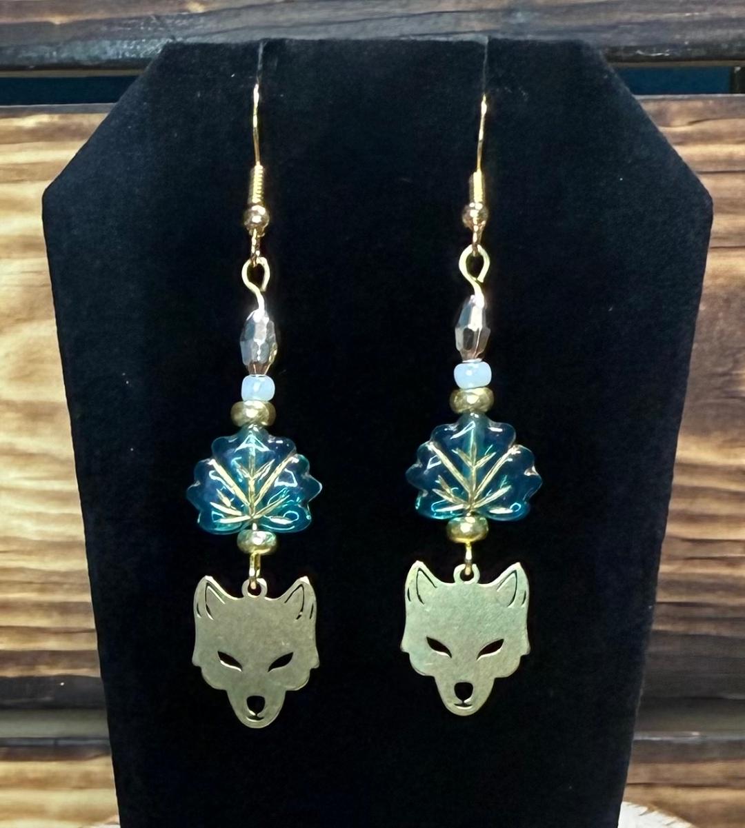 NEW Gold Wolf / Fox Earrings w/ Leaf Charm & Beads