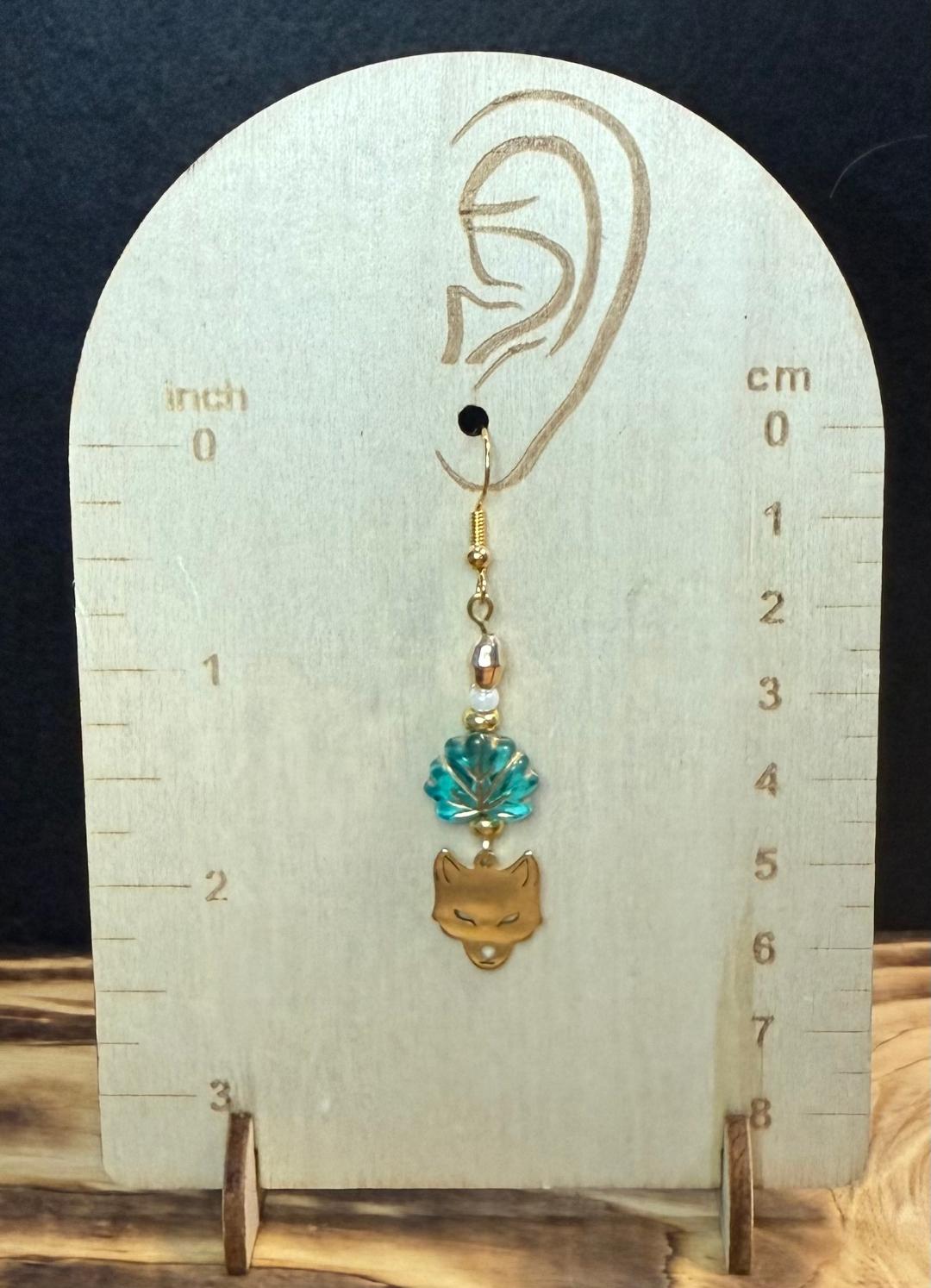 NEW Gold Wolf / Fox Earrings w/ Leaf Charm & Beads