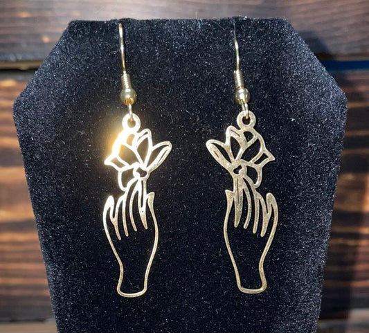 NEW Gold Tone Lotus Flower Hand Charm Dangle Drop Earrings