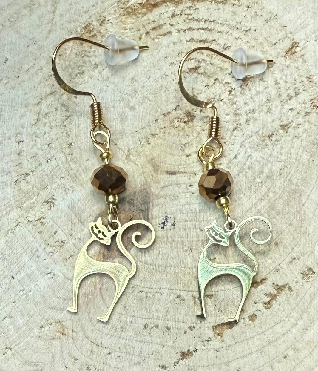 NEW Gold Stainless Steel Happy Atomic Cat Earrings w/ Glass Bead