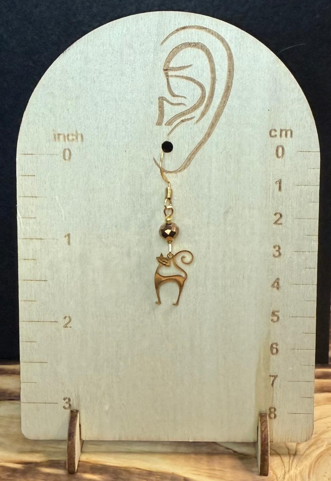 NEW Gold Stainless Steel Happy Atomic Cat Earrings w/ Glass Bead