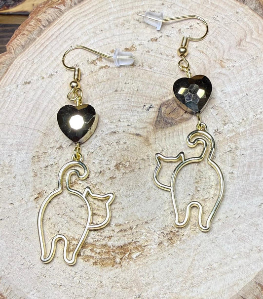 NEW Gold Hollow Cut Walking Cat Charm Earrings w/ Glass Heart
