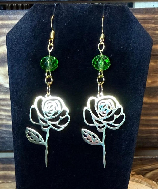 NEW Gold Stainless Steel Flower Earrings w/ Faceted Green Glass Bead