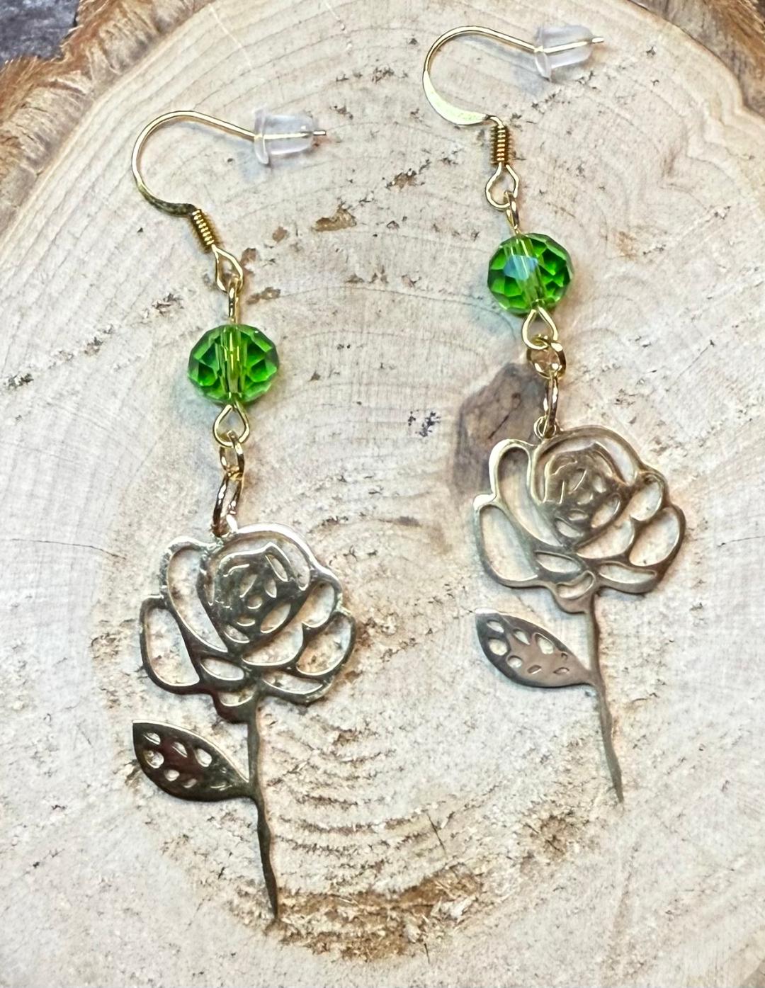 NEW Gold Stainless Steel Flower Earrings w/ Faceted Green Glass Bead